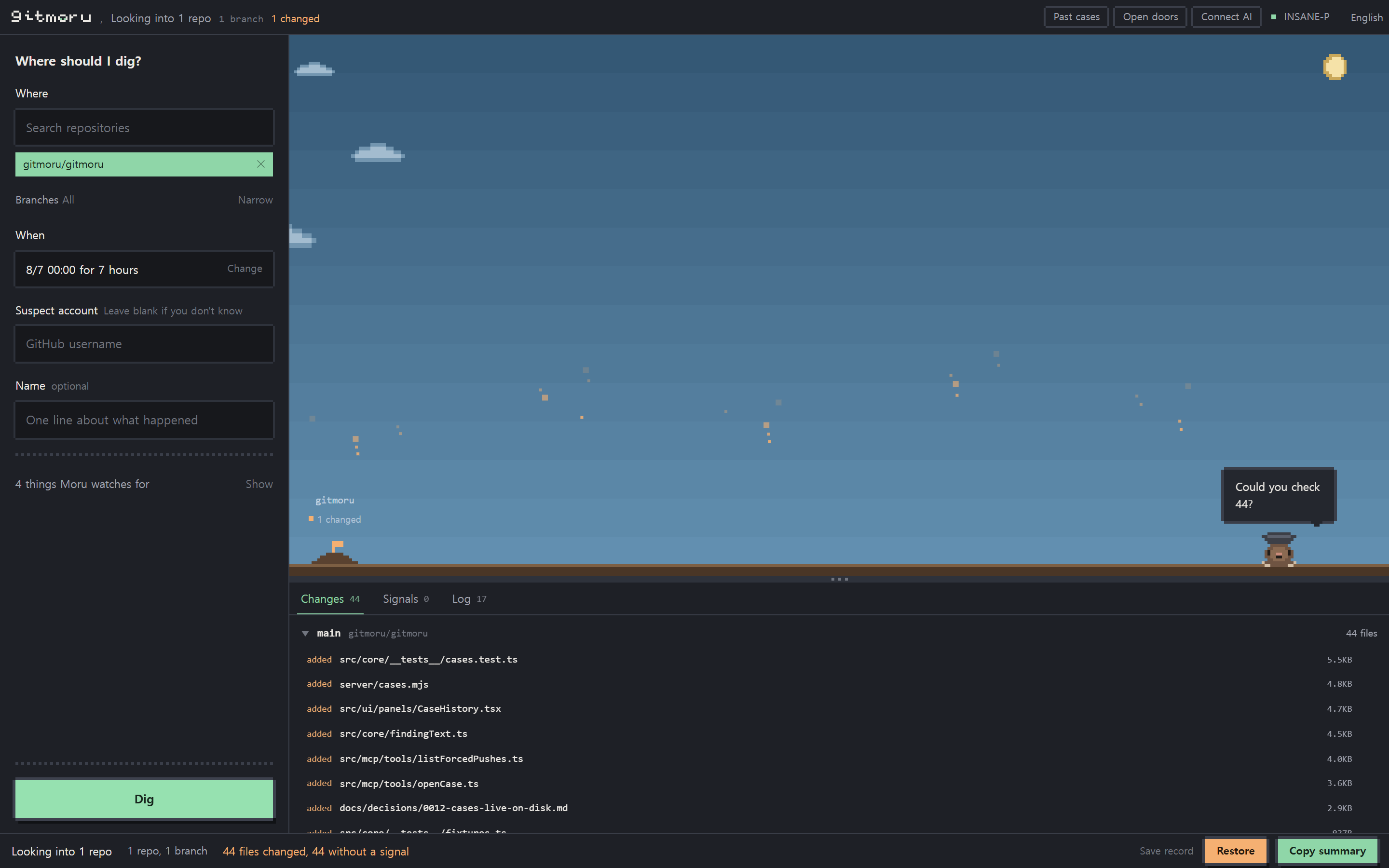 Scan results, with changed files grouped by branch